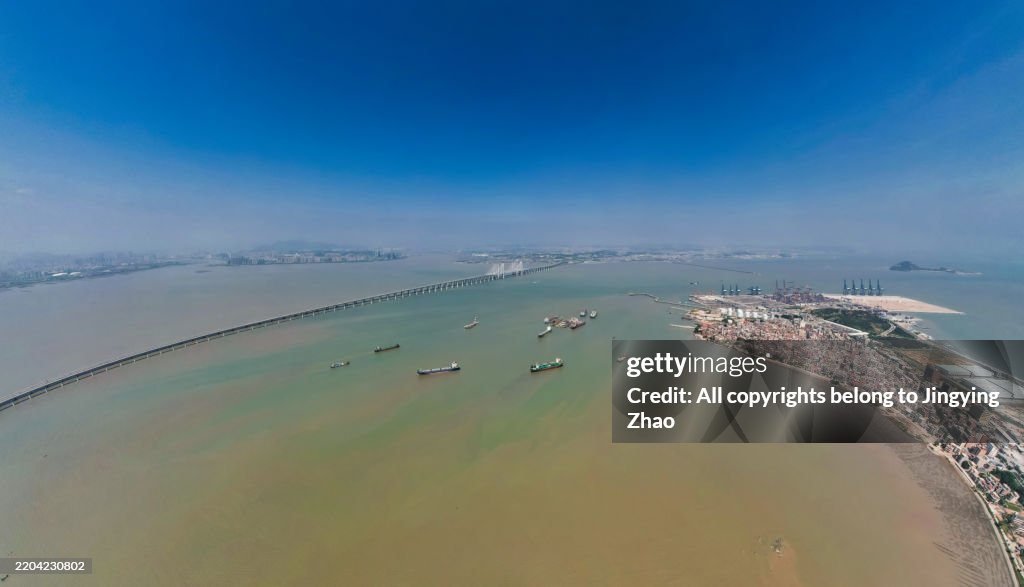 Aerial photography of Quanzhou Bay Cross Sea Bridge and Bay scenery in Fujian Province
