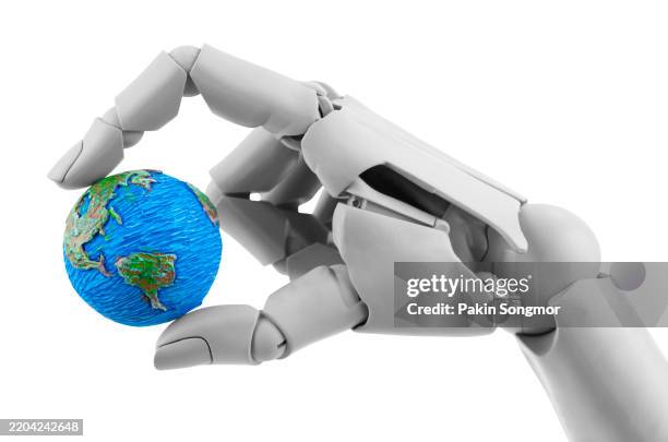 robot holding earth globe isolated on white background, save clipping path.c - robot isolated stock pictures, royalty-free photos & images