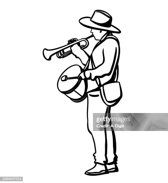 mexicanstreetmusicianinkdrawing - marching drum stock illustrations