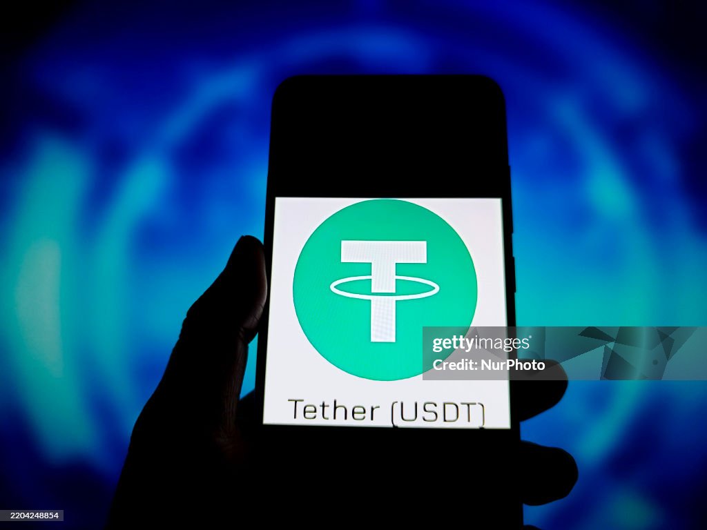 Tether Stack Logo An illustration shows the Tether logo displayed on a smartphone in ...
