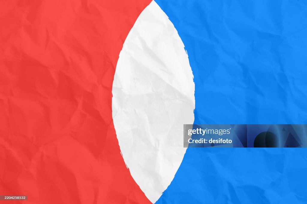 Empty blank simple coloured crumpled crushed paper horizontal vector backgrounds with folds and creases all over and two turquoise blue and red (as in French flag of France) intersecting solid curved arcs shape with white intersection for copy space