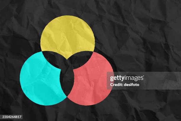 empty blank plain simple dark black coloured crumpled crushed paper horizontal vector backgrounds with folds and creases all over and three red, turquoise blue green yellow color overlapping intersecting solid curved circles shapes making abstract flower - intersectionality stock illustrations