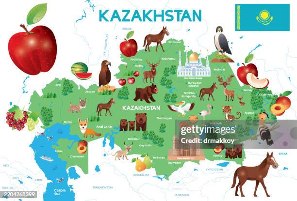 kasachstan reisekarte und flagge - kasachstan stock-grafiken, -clipart, -cartoons und -symbole