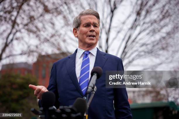 Treasury Secretary Scott Bessent speaks to reporters outside the West Wing after doing a television interview on the North Lawn of the White House on...