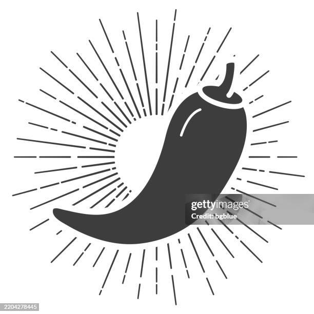 chilischote. symbol mit sonnenstrahlen auf weißem hintergrund - chili schote stock-grafiken, -clipart, -cartoons und -symbole