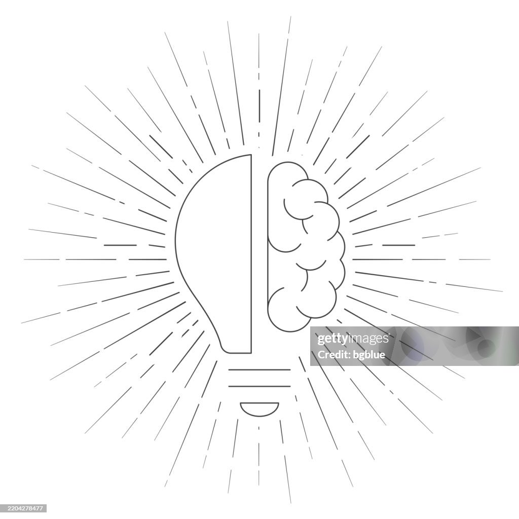 Media bombilla y cerebro. Icono de línea con rayos de sol sobre fondo blanco