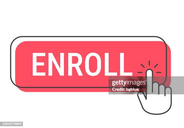 enroll - click button with hand cursor on white background - knob stock illustrations
