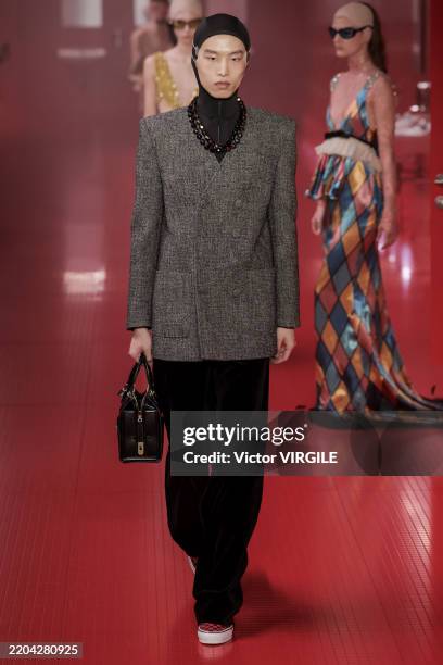 Model walks the runway during the Valentino Ready to Wear Fall/Winter 2025-2026 fashion show as part of the Paris Fashion Week on March 9, 2025 in...