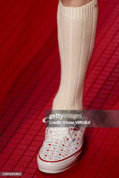 Model walks the runway during the Valentino Ready to Wear Fall/Winter 2025-2026 fashion show as part of the Paris Fashion Week on March 9, 2025 in...