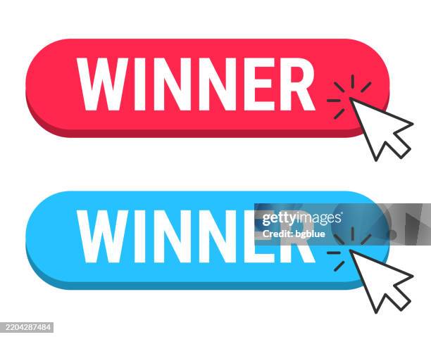 winner - red and blue buttons with cursor on white background - pink 3d platform stock illustrations