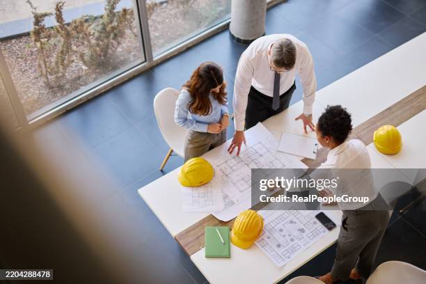 architects analyzing blueprints in the office - cópia heliográfica imagens e fotografias de stock