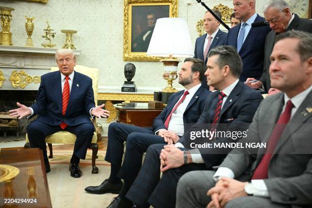 President Donald Trump speaks to the press as he meets with NATO Secretary General Mark Rutte in the Oval Office of the White House in Washington,...