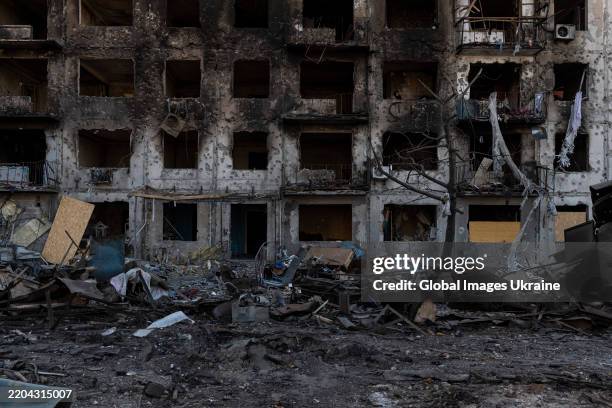 Destroyed residential buildings left after a combined attack by Russian forces on March 9, 2025 in Dobropillia,Donetsk Oblast, Ukraine. On the night...
