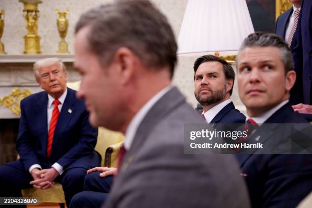 President Donald Trump, U.S. National Security Adviser Michael Waltz, U.S. Vice President J.D. Vance, and Defense Secretary Pete Hegseth, listen to a...
