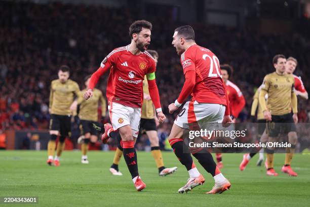 Bruno Fernandes of Manchester United celebrates weith Diogo Dalot of Manchester United after scoring their 2nd goal during the UEFA Europa League...