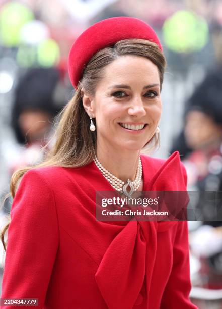 Catherine, Princess of Wales smiles as she attends the celebrations for Commonwealth Day at Westminster Abbey on March 10, 2025 in London, England.