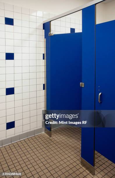 public bathroom showers and toilet cubicles with blue doors - locker room stock pictures, royalty-free photos & images