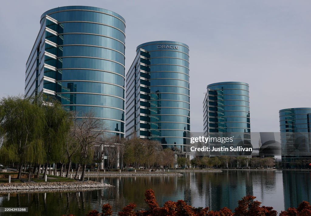 The Oracle logo is displayed on a building at an Oracle campus on ...
