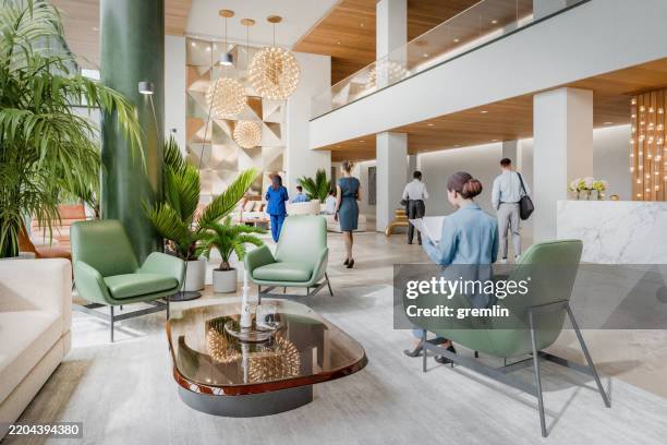 generic office building lobby with business people - entrada de hotel imagens e fotografias de stock