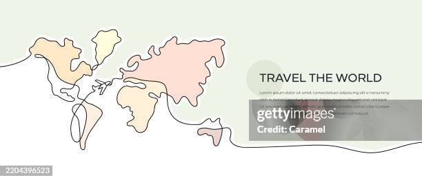 travel the world web banner with continuous line icon - world map sketch stock illustrations