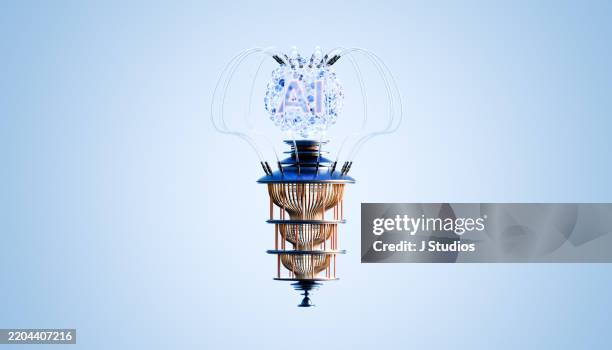 quantum computer connected to ai symbol - quantum computing stock pictures, royalty-free photos & images