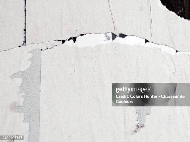 close-up of torn and patinated gray and white posters stuck on a wall. rough texture. natural colors. sunlight. brussels, belgium. - jornal imagens e fotografias de stock