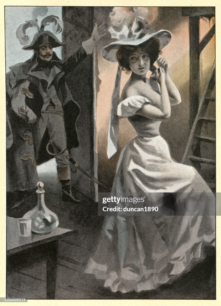 Actress and actor preparing to go on stage, French, Belle Époque Art, Vintage illustration, 1890s, 19th Century