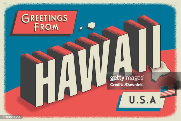 illustrazioni stock, clip art, cartoni animati e icone di tendenza di saluti dallo stato delle hawaii usa layout di design di cartolina retrò con design di testo in stile turismo patriottico vintage 3d. tavolozza di colori rosso e blu con bandiera americana - cartolina postale