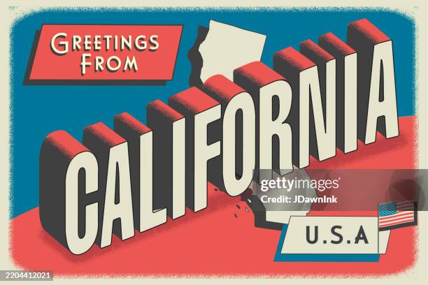 illustrazioni stock, clip art, cartoni animati e icone di tendenza di saluti dallo stato della california usa layout di design per cartolina retrò con design del testo in stile turismo patriottico vintage 3d. tavolozza di colori rosso e blu con bandiera americana - cartolina postale