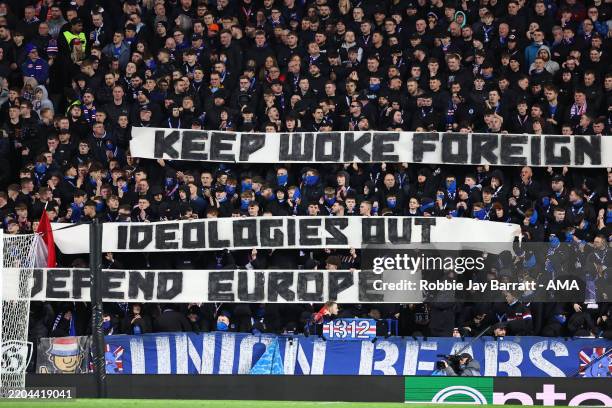 Fans of Rangers hold up a banner during the UEFA Europa League 2024/25 Round of 16 Second Leg match between Rangers FC and Fenerbahce SK at Ibrox...