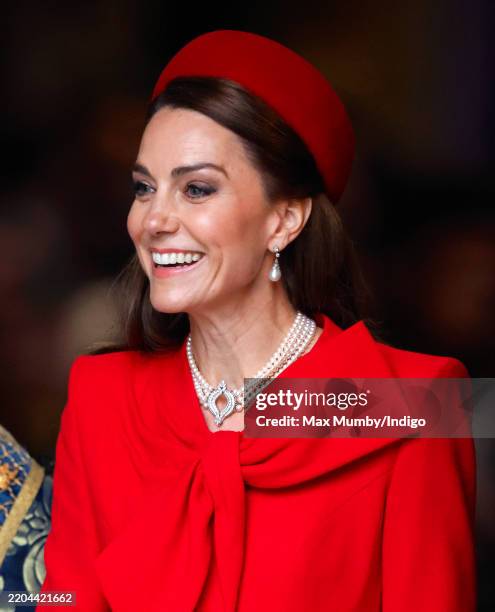 Catherine, Princess of Wales attends the annual Commonwealth Day Service of Celebration at Westminster Abbey on March 10, 2025 in London, England....