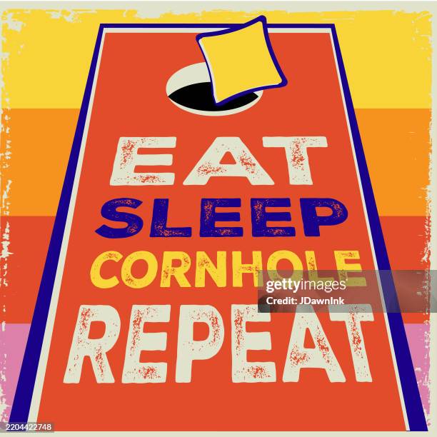 cornhole sport sayings and phrases eat sleep cornhole repeat typography design poster advertisement with cornhole bags - bean bag toss stock illustrations
