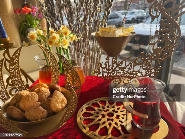 Traditional items adorn a Haft Sin , an arrangement of seven symbolic items that all begin with the letter S in Farsi, during Nowruz celebrations in...