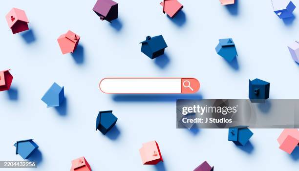 scattered house symbols with hovering search bar at the center - search box stock pictures, royalty-free photos & images