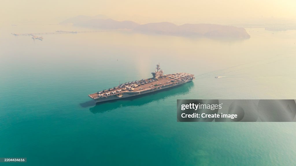 Aerial view aircraft carrier on the sea.