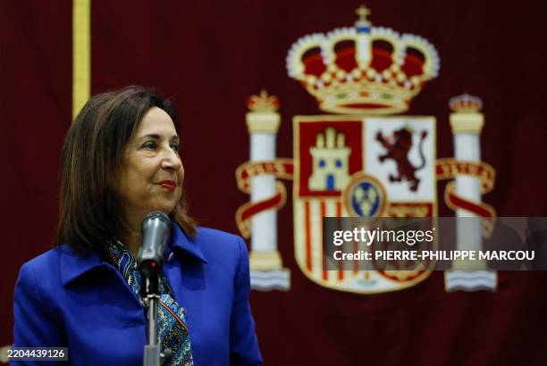 Spanish Minister of Defence Margarita Robles speaks to members of the media after signing an agreement with her Ukrainian counterpart, to continue...