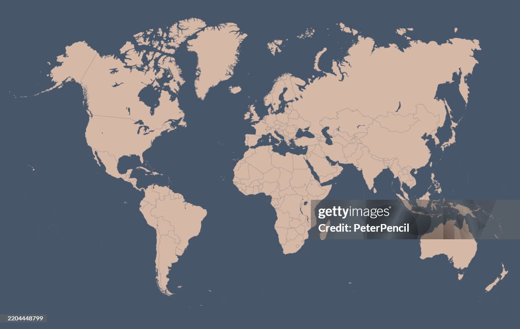Carte du monde - carte vectorielle d’impression de haute qualité du contour du monde dans des couleurs vintage beige chaudes sur le fond bleu foncé