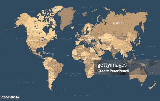 world map - high quality print vector map of the world in warm beige vintage colors on the dark blue background - intricacy stock illustrations