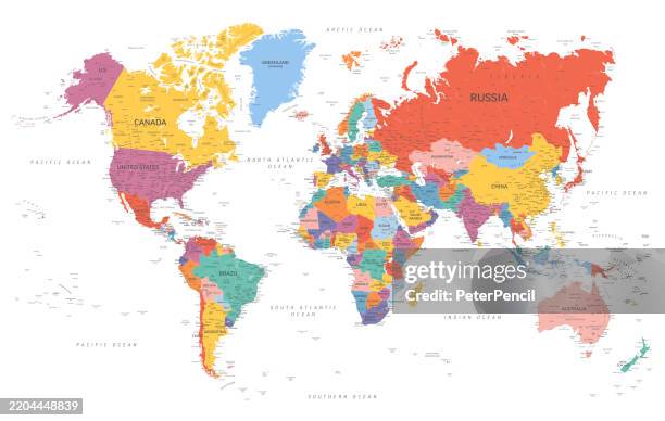 illustrations, cliparts, dessins animés et icônes de carte du monde - carte vectorielle du monde imprimée de haute qualité aux couleurs vives - mappemonde