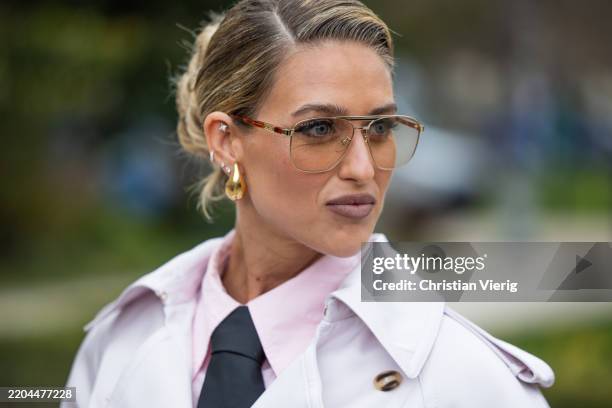 Emili Sindlev wears button shirt, sunglasses Gucci, golden earrings outside Zimmermann during the Womenswear Fall/Winter 2025/2026 as part of Paris...