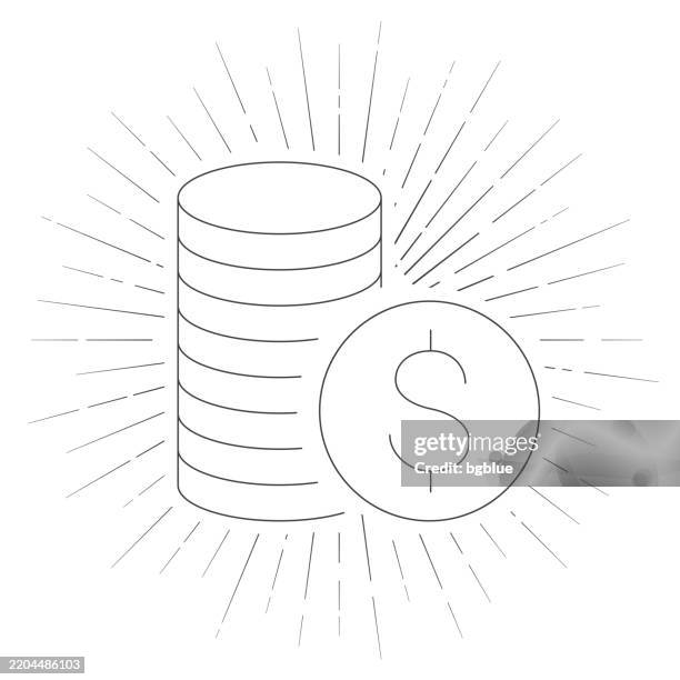 dollar coins stack. line icon with sunbursts on white background - us coin stack stock illustrations