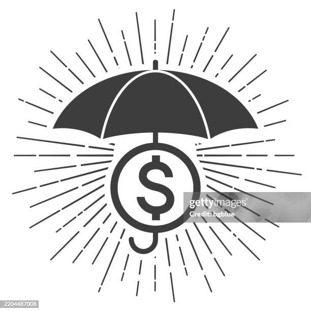 dollar coin under umbrella. icon with sunbursts on white background - vintage dollar sign white background stock illustrations