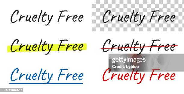 cruelty free - handwritten text, highlighted, crossed out, underlined on blank background - neon cursive font stock illustrations