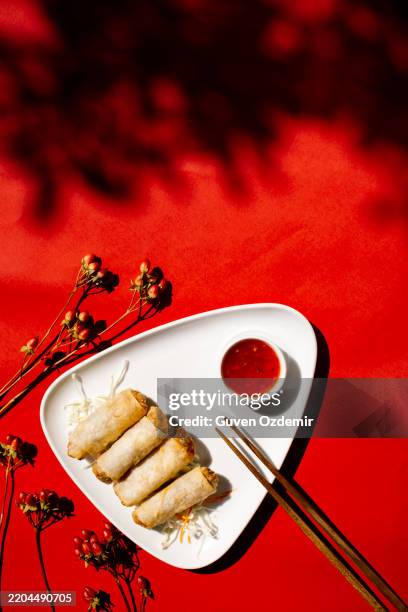 top view of golden crispy spring rolls arranged on a white triangular plate with a side of red sweet chili sauce and wooden chopsticks, set against a vibrant red fabric background with delicate dried flowers and artistic shadows, asian appetizer concept - sauce stock pictures, royalty-free photos & images