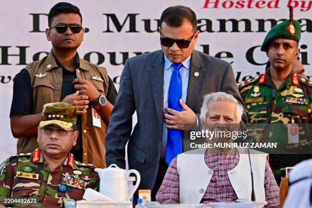Chief advisor of Bangladesh's interim government, Muhammad Yunus sits along with Bangladesh's army chief Waker-Uz-Zaman and United Nations...