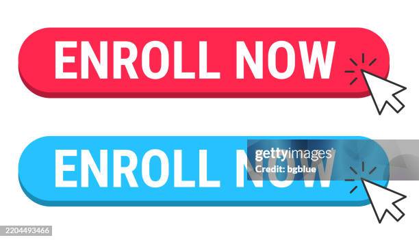 enroll now - red and blue buttons with cursor on white background - knob stock illustrations