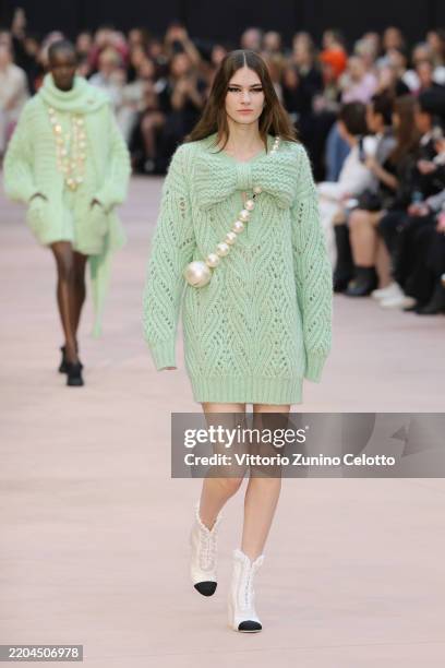 Model walks the runway during the Chanel Womenswear Fall/Winter 2025-2026 show as part of Paris Fashion Week at Grand Palais on March 11, 2025 in...