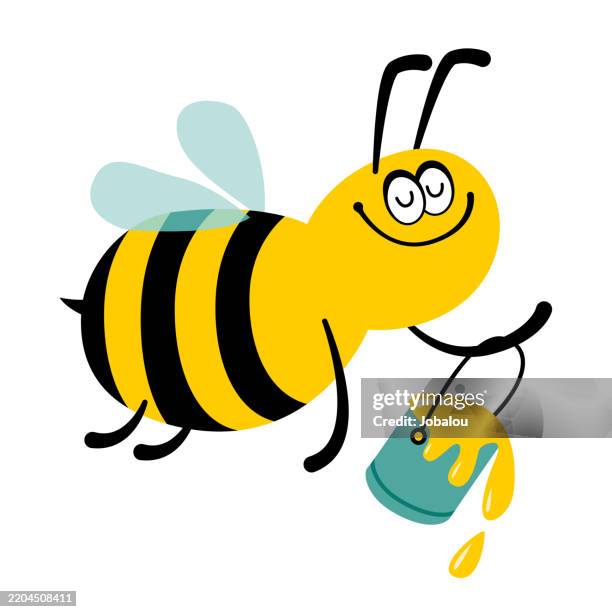 cute bee mascot flying with bucket full of honey - bee-cartoon-drawing stock illustrations