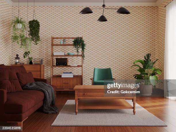 retro home interiors 1950s. - mesa de café imagens e fotografias de stock