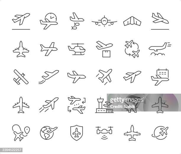 airplane icon set. editable stroke weight. pixel perfect icons. - taking off activity stock illustrations